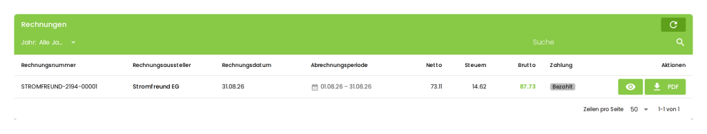 Rechnungen eines Mitglieds mit PDF-Download